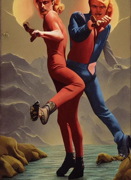 Image similar to twin peaks poster art, david bowie fighting his doppelganger gemini good and evil, old retro pulp, by michael whelan, rossetti bouguereau, artgerm, nostalgic, old fashioned