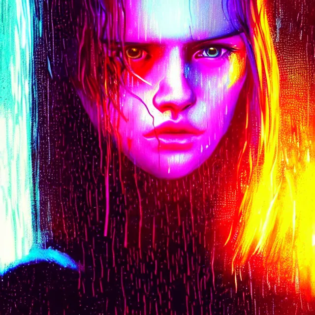 Image similar to bright asthetic portrait LSD glowing backlit rain on face and wet hair, cyberpunk, overhead lighting, fantasy, intricate, elegant, dramatic lighting, highly detailed, lifelike, photorealistic, digital painting, artstation, illustration, concept art, smooth, sharp focus, art by John Collier and Albert Aublet and Krenz Cushart and Artem Demura and Alphonse Mucha