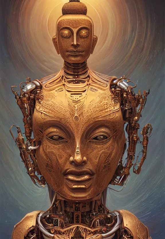 Prompt: perfectly centered portrait, front view of a beautiful biomechanical android alien robot buddha, female, flowing hair, intense stare, sarcastic smile, symmetrical, concept art, intricate detail, volumetric shadows and lighting, realistic oil painting by tim hildebrandt and greg rutkowski,