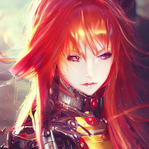 Image similar to cute red armored cyborg - anime girl, long gold hair, yellow eyes, digitally painted by ross draws, extreme high intricate details by wlop, digital anime art, black shadows, stylized shading