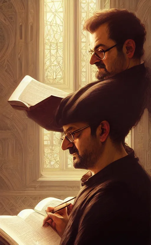 Image similar to portrait of salman rushdie reading, deep focus, d & d, fantasy, intricate, elegant, highly detailed, digital painting, artstation, concept art, matte, sharp focus, illustration, art by artgerm and greg rutkowski and alphonse mucha