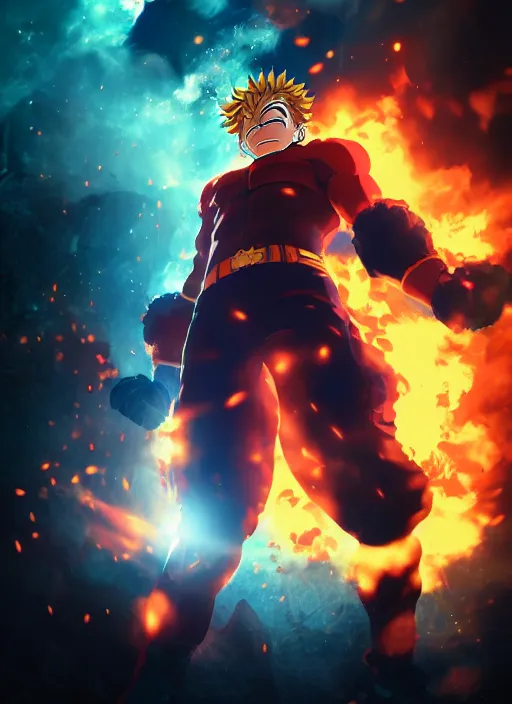 Image similar to Endeavor from my hero academia posing, boku no hero academia, flames, dark atmosphere, cinematic shot, intricate, ornate, photorealistic, ultra detailed, realistic, 100mm, photography, octane, high definition, depth of field, bokeh, 8k, artstation