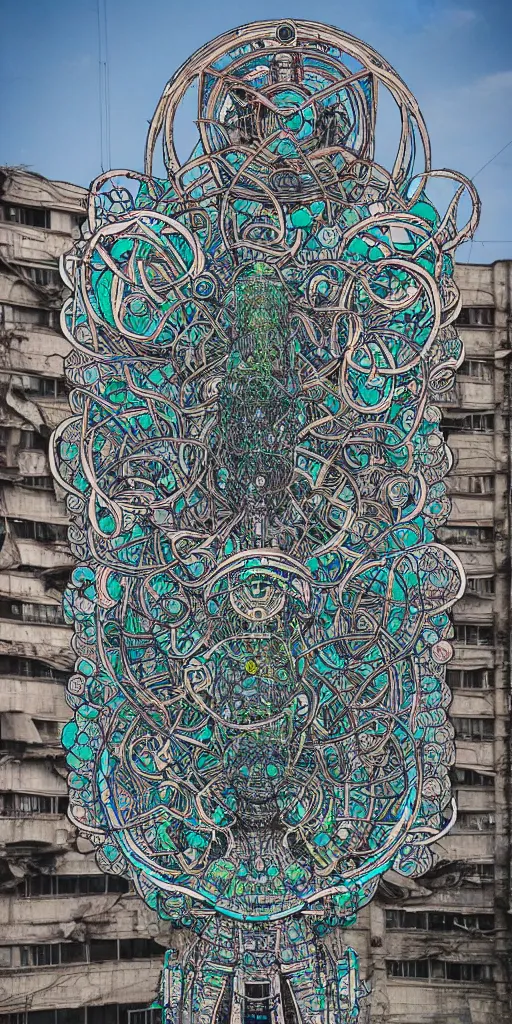 Prompt: colossal psyhedelic alien flower made from worst mankind ideas in the middle of abandoned post soviet constructivist cityscape, Stalinist architecture, ultradetailed, Intricate by Hayao Miyazaki and Josan Gonzalez