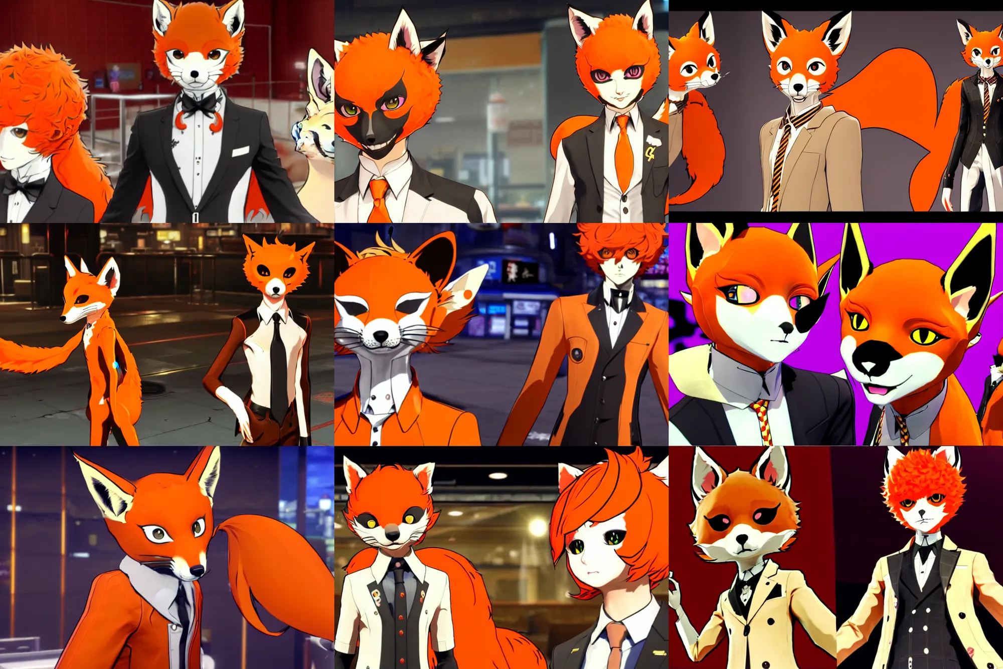 Prompt: in the persona 5 : royal ( by atlus ) video game casino level, a furry male sand - colored tan fox fursona ( has orange hair ), done in the persona 5 style