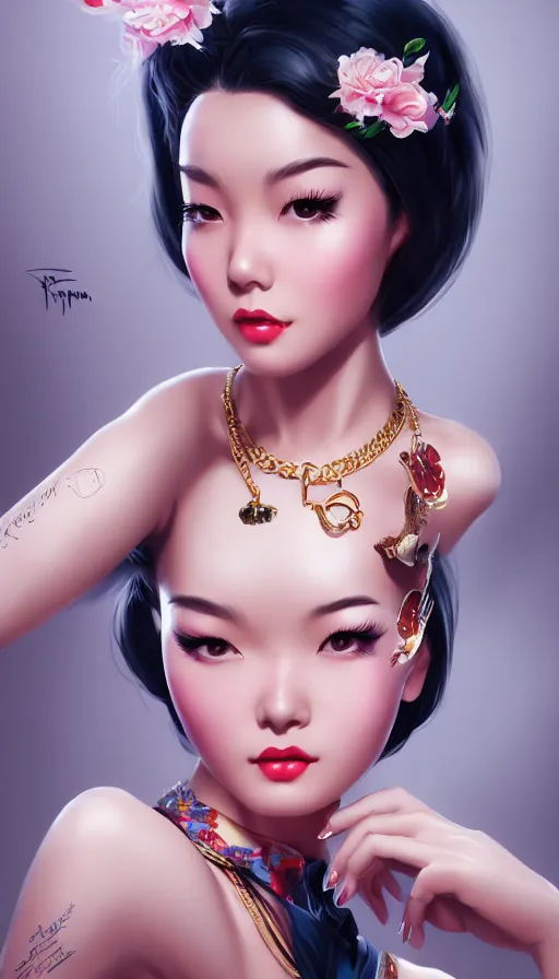 Image similar to a pin up and beautiful fashion and charming and dreamlke asian girl with lv jewelry, medium shot, art by artgerm & ross tran & wlop, hyperdetailed, 8 k realistic, symmetrical, frostbite 3 engine, cryengine, dof, trending on artstation, digital art