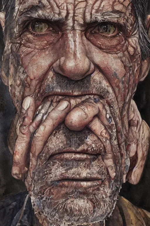 Image similar to portrait of a old man with aquarelle painted skin. trying to say something. close up. very dark brown hair, light eyes. intricate dark flowers pattern background, high detail, by Eddie Mendoza