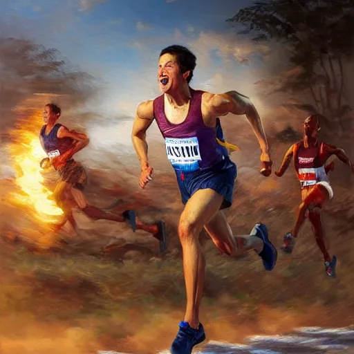 Prompt: portrait of a olympic games champion running, an oil painting by ross tran and thomas kincade
