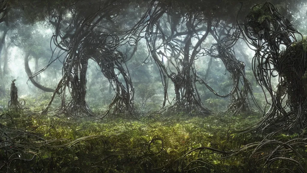 Prompt: the remnants of a broken alien supercomputer covered in wires and foliage in a mystical grove, sentry robots hovering in the air, somber melancholic matte painting, highly detailed oil painting, liminal space, 8k, stillness, solitude, sorrowful nostalgic awe-inspiring atmosphere, masterpiece