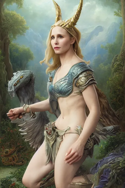 Image similar to A fantasy book style portrait painting of a hybrid, Kristen Bell, Anya_Taylor-Joy, Cory Chase, as a Mystical Valkyrie, Anubis-Reptilian, Atlantean Warrior, François Boucher, Oil Painting, unreal 5, DAZ, hyperrealistic, octane render, Regal, Refined, Detailed Digital Art, RPG portrait, William-Adolphe Bouguereau, Michael Cheval, Walt Disney (1937), Steampunk, Volumetric Golden dappled dynamic lighting, Highly Detailed, Cinematic Lighting, Unreal Engine, 8k, HD