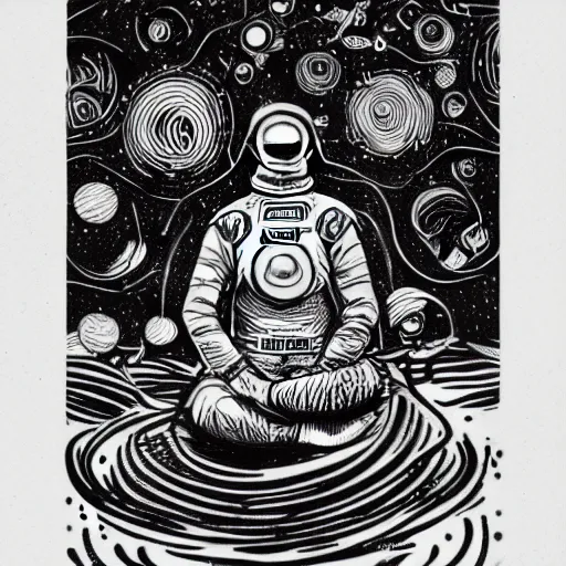 Image similar to meditating astronaut, psychedelic poster illustration by Jason Edminston, photorealism, intricate, line-drawing, black ink on white paper