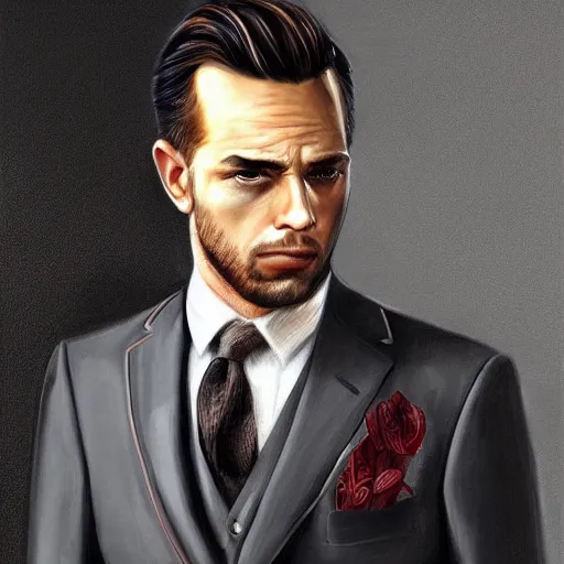 Image similar to handsome serious man in a three - piece suit, hyper realism, digital painting, high quality, detailed portrait