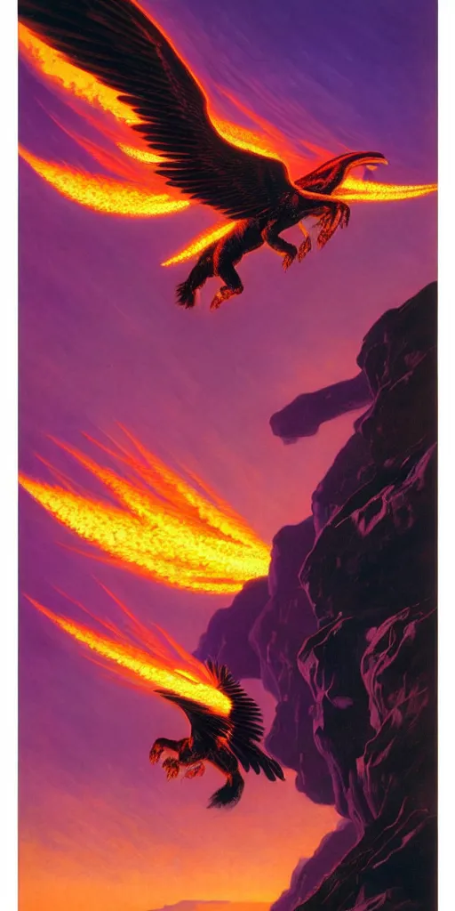 Prompt: hyperrealistic iridescent balaur spitting fire and flying through the sky at sunset syd mead courbet dramatic lighting