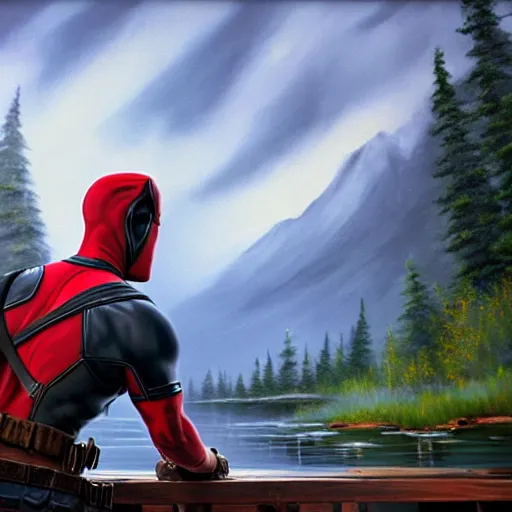 Image similar to a closeup photorealistic photograph of bob ross working on a canvas painting of deadpool. film still. brightly lit scene. mountains and trees. this 4 k hd image is trending on artstation, featured on behance, well - rendered, extra crisp, features intricate detail, epic composition and the style of unreal engine.