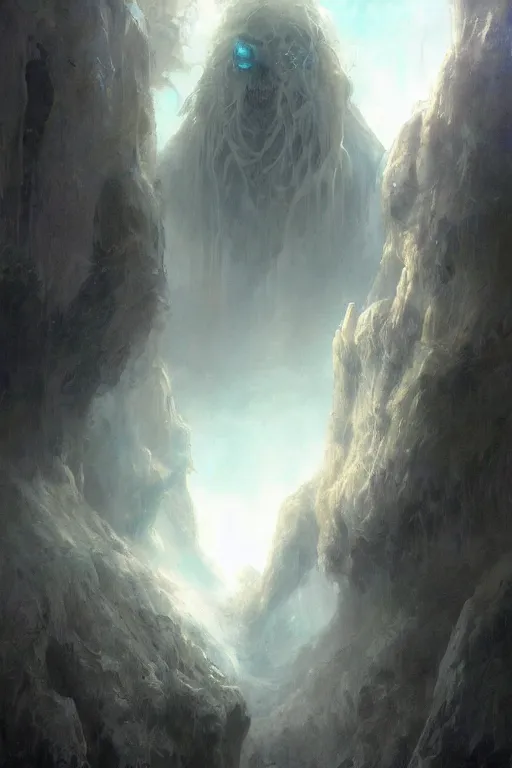 Prompt: a giant ethereal pale humanoid monster looming over a tiny human in an epic landscape, ethereal fantasy, blooodborne, artstation, james gurney