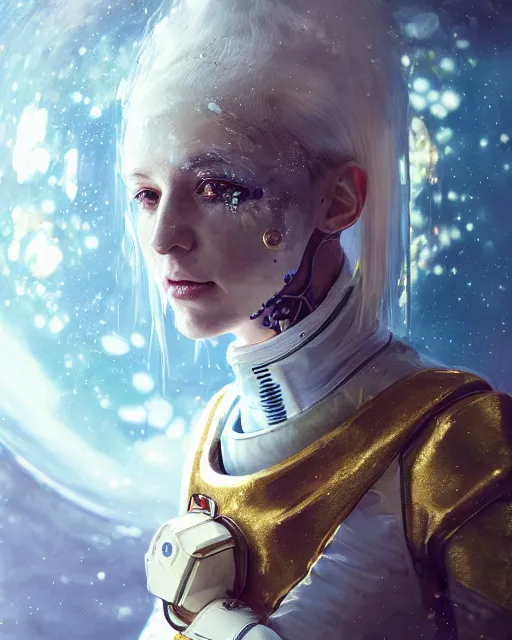 Image similar to detailed portrait white haired girl, solarpunk futuristic utopia, scifi astronaut suit, decorated with golden ornaments by Ismail inceoglu dragan bibin hans thoma greg rutkowski Alexandros Pyromallis Nekro Rene Maritte Illustrated, Perfect face, fine details, realistic shaded, fine-face, pretty face