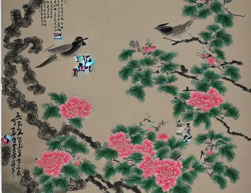 Prompt: bird in the garden and flowers chinese style art very detailed