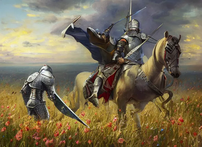 Prompt: a slayed knight with a sword through his back kneels in a cosmic grasslands by vladimir volegov and alexander averin and peder mørk mønsted and ross tran