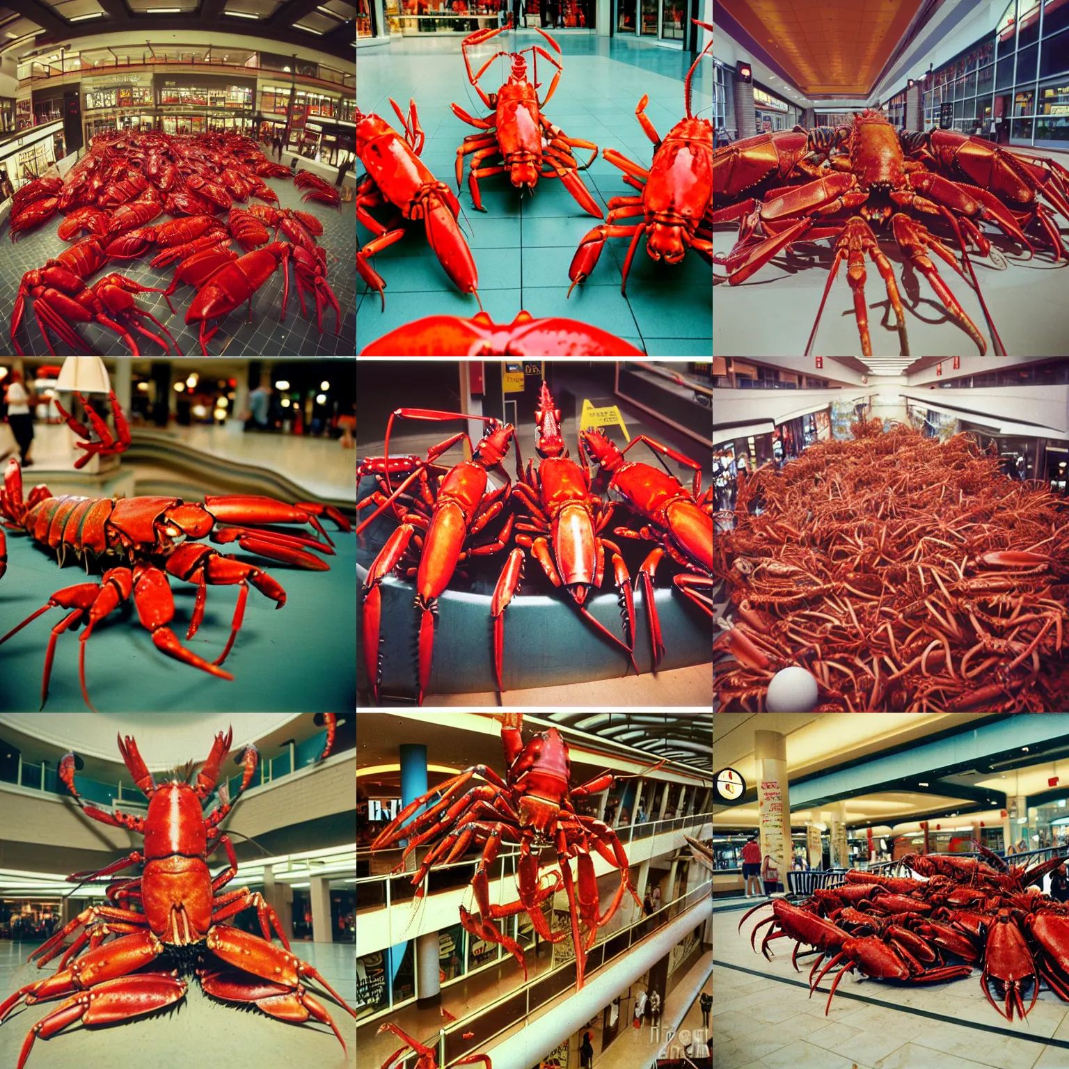 Prompt: vintage photograph of lobsters loose at the mall of america, kodak ektar 100 120