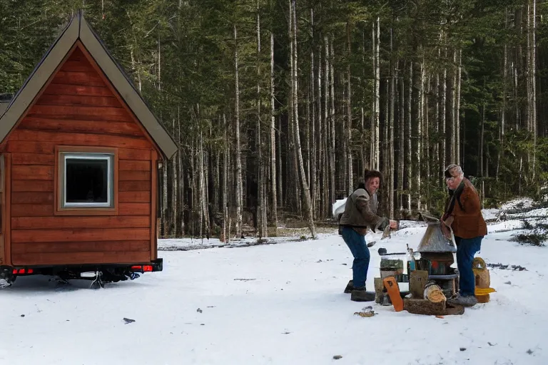 Prompt: movie scene, real life team of gnome people building a tiny house in their forest village natural lighting by emmanuel lubezki