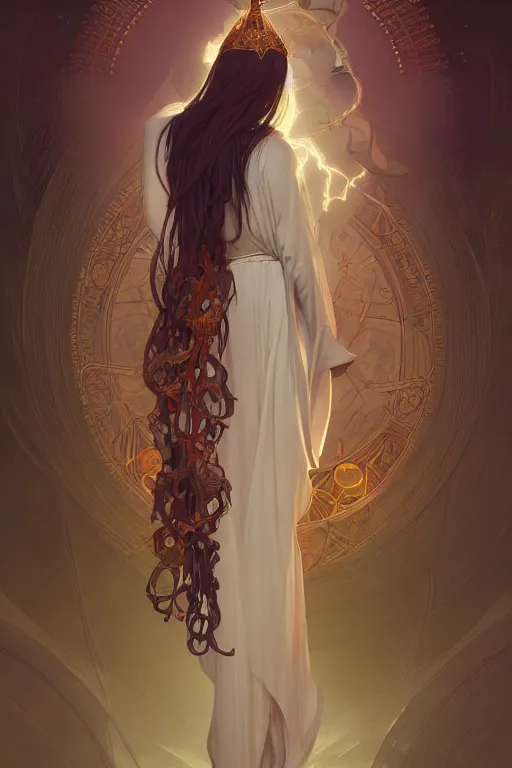Prompt: holy priestess of the sacral moon full body portrait highly detailed, digital painting, artstation, concept art, smooth and sharp focus, illustration, art by tian zi and wlop and alphonse mucha