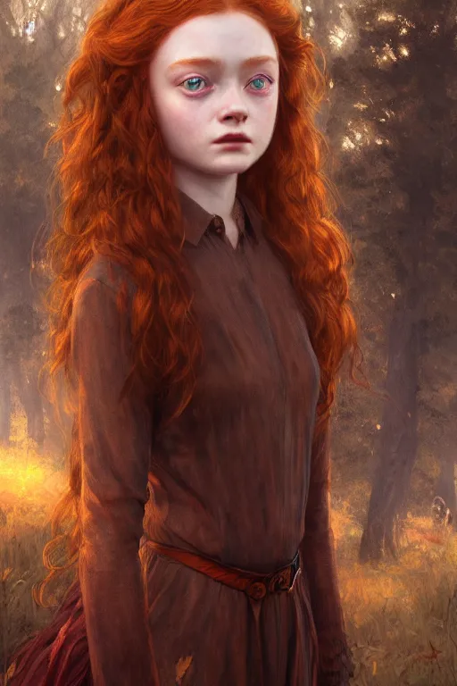 Image similar to sadie sink goddess of the autumn twilight, highly detailed, digital painting, artstation, concept art, smooth, sharp focus, illustration, unreal engine 5, 8 k, art by artgerm and greg rutkowski and edgar maxence