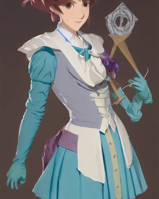 Image similar to late renaissance magical academy girl school uniform with coat, pale cyan and grey fabric, jodhpurs greg manchess painting by sargent and leyendecker, studio ghibli, fantasy, medium shot, asymmetrical, intricate, elegant, matte painting, illustration, hearthstone, by greg rutkowski, by greg tocchini, by james gilleard, by joe fenton