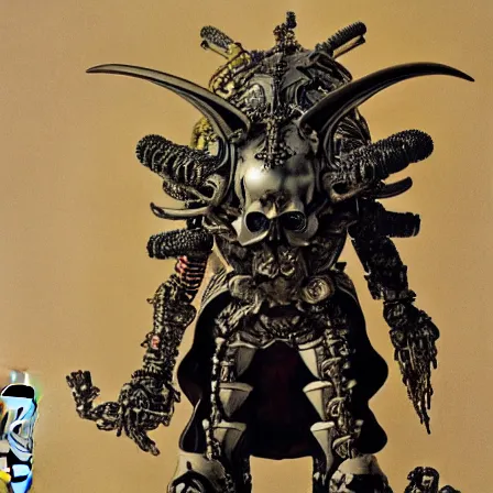 Image similar to still frame from Prometheus by Utagawa Kuniyoshi, lich king Dr doom in ornate bio cybernetic bone armour and skull mask helmet in hells bioship by Wayne Barlowe by peter Mohrbacher by Giger, dressed by Alexander McQueen and by Neri Oxman, metal couture hate couture editorial