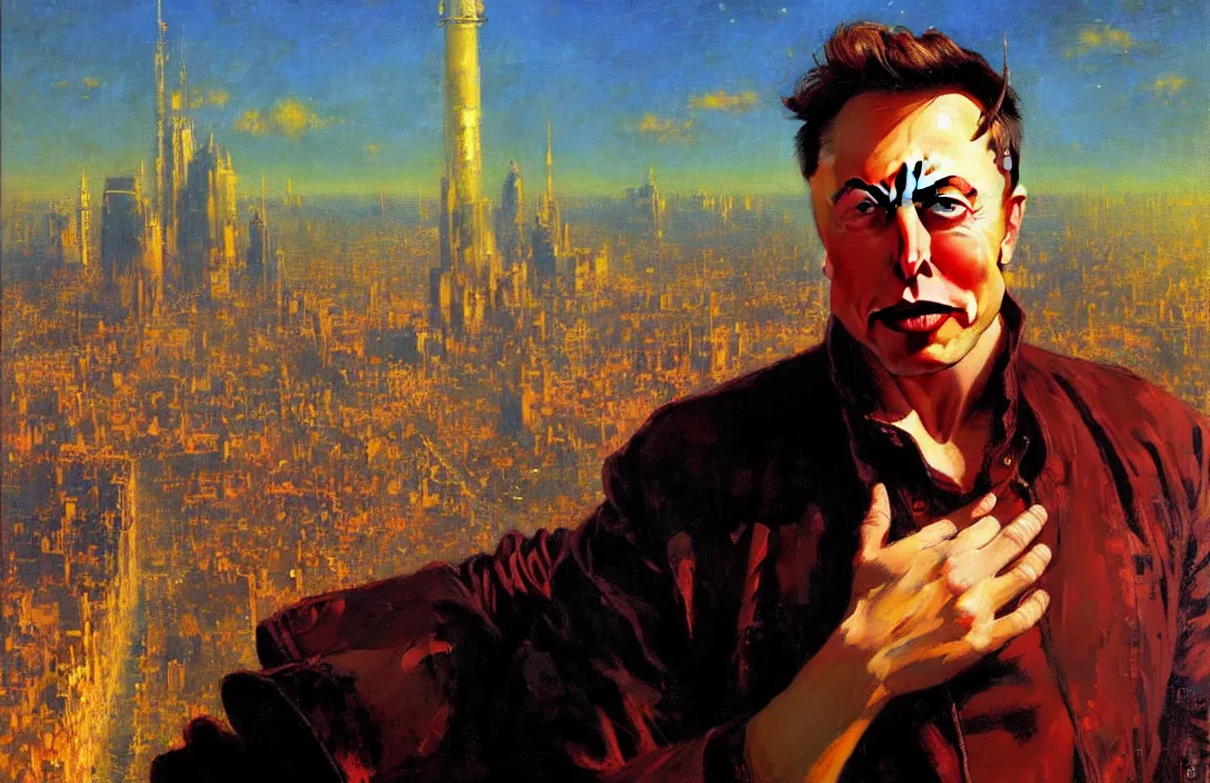 Image similar to portrait of elon musk!!!!!!!!!!!!!!!!!!!!!!!!!!!, detailed face, detailed painting, detailed city background, epic lighting, by ilya repin and phil hale