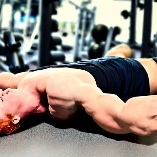 Prompt: 8 k insanely detailed high quality selfie photo of a ginger handsome gym bro doing abdominal crunches at the gym, beautiful sexy handsome symmetrical face