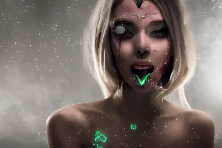 Prompt: Cyber ​​girl, transforming face, fangs, syringes, forest, fog, volumetric light