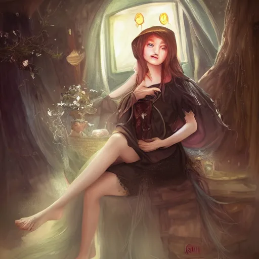 Prompt: a beautiful witch chilling in her house drawn by Qinni and Yuumei, realistic painting, high definition, digital art, matte painting, very detailed, realistic