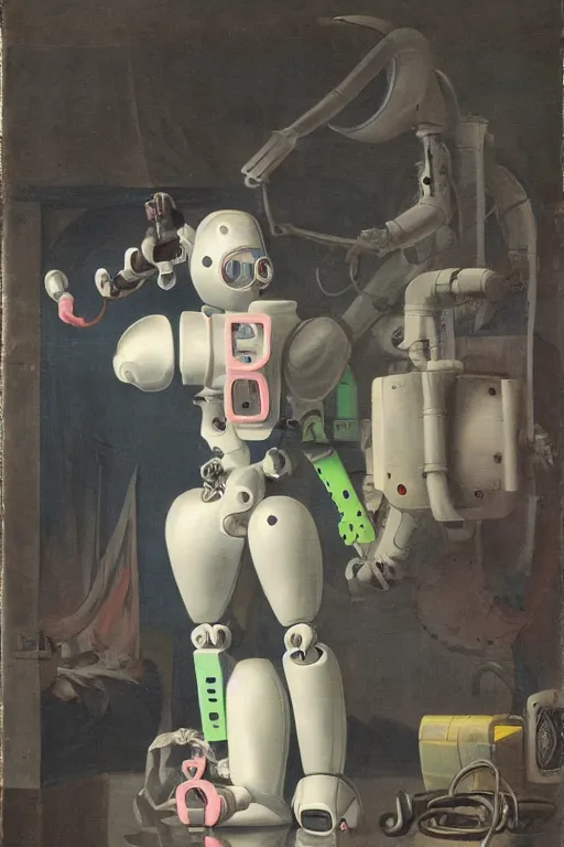 Prompt: a scene with a anime monster that looks like a white plastic industrial robot with fluo colored details covered in pastel colors, studio light, flemish painting