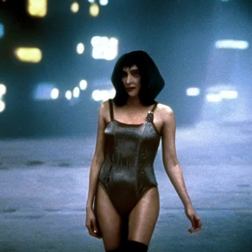 Image similar to a movie still of monica belluci as rachael in blade runner