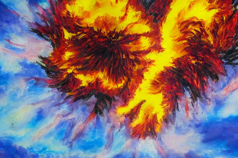 Image similar to oil painting of giant explosion made with flowers, clean blue sky, in style of 80s sci-fi book art
