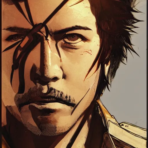 Image similar to portrait of a hero holding his sword in front of his face by yoji shinkawa, high quality, extra details, realism, ornate, colored, golden chain, blood, white skin, short hair, brown eyes, vivid, sunlight, dynamic, american man, freedom, white american soldier, spray pain style