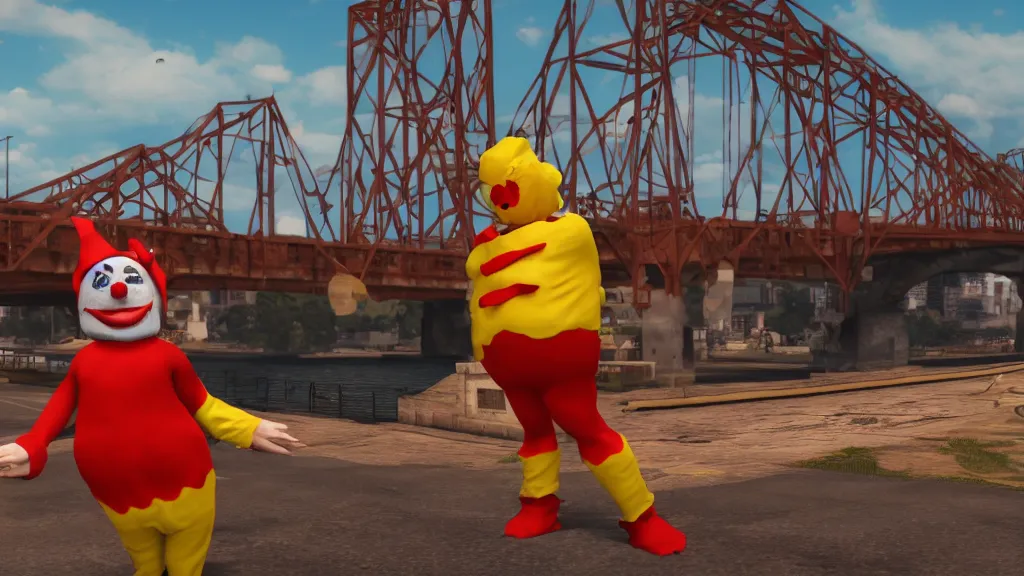 Prompt: A sad clown in a hot dog costume next to a bridge, rich colors, hyperrealistic, Cryengine 8k UHD