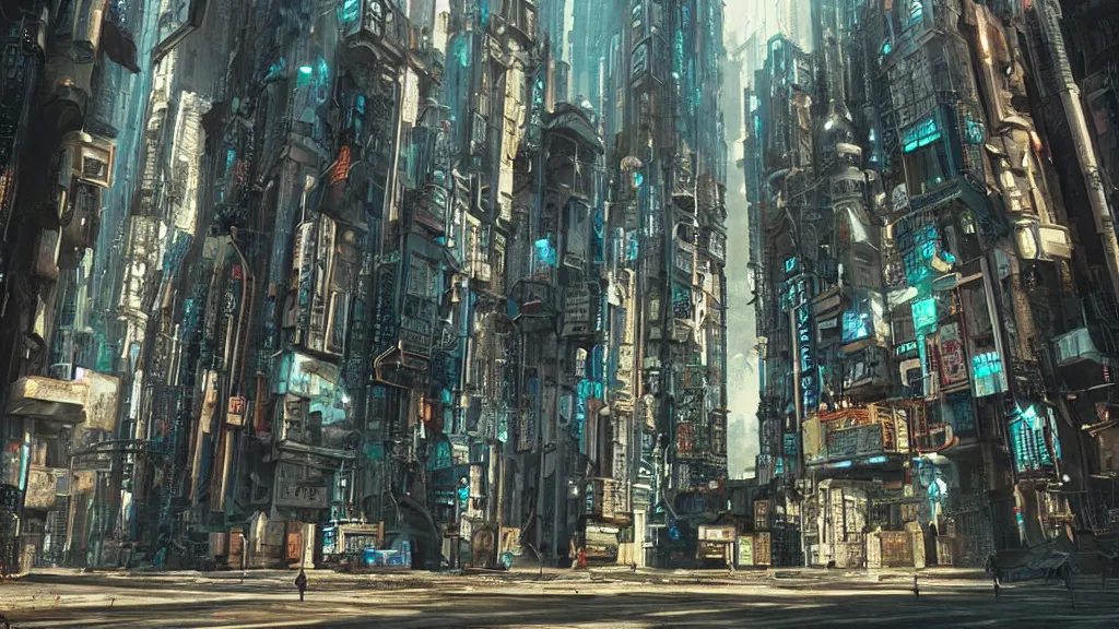 Prompt: an ancient cyberpunk building, film still, epic shot cinematography