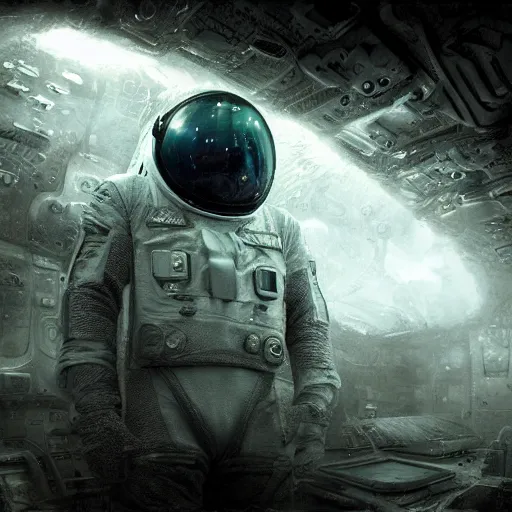 Image similar to concept art by craig mullins astronaut in futuristic dark and empty spaceship underwater. infrared complex and hyperdetailed technical suit. mandelbulb fractal. reflection and dispersion materials. rays and dispersion of light. volumetric light. 5 0 mm, f / 3 2. noise film photo. flash photography. unreal engine 4. glow lights. interstellar movie art