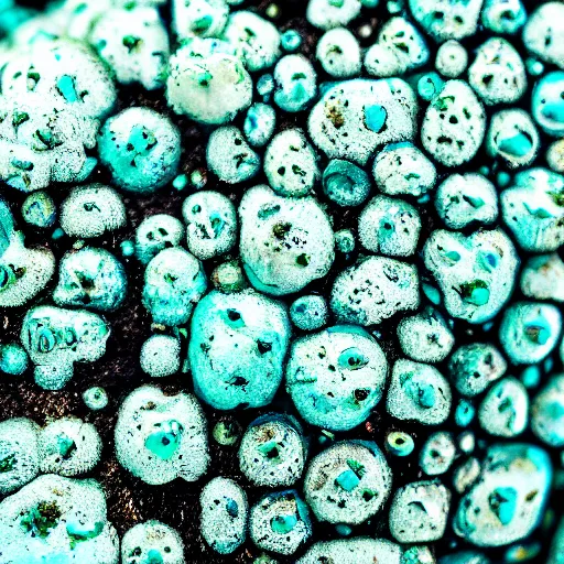 Image similar to a close up of a rock with blue and green beads, a macro photograph of chlorociboria by benoit b. mandelbrot, rhizomorphic fungus mycelium hyphae, trending on unsplash, ecological art, bioluminescence, macro lens, macro photography