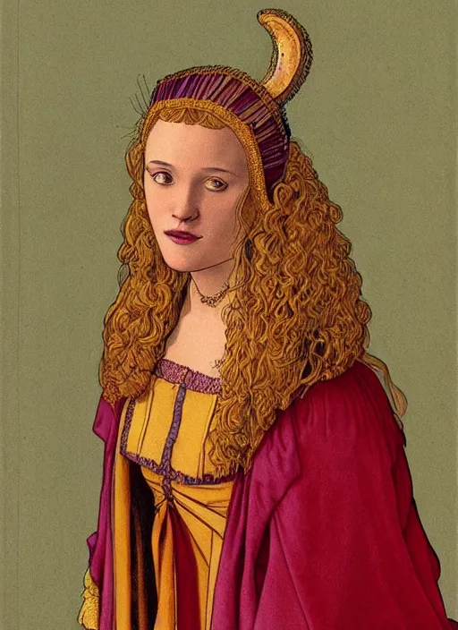 Prompt: portrait of young woman in renaissance dress and renaissance headdress, art by moebius