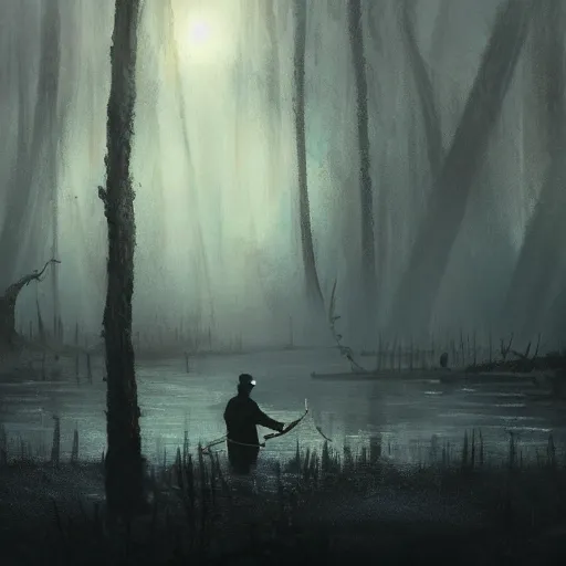 Image similar to concept, artistic swamp with mystic fog, fisherman with fishing rode, from horror movies, artstation, mysterious