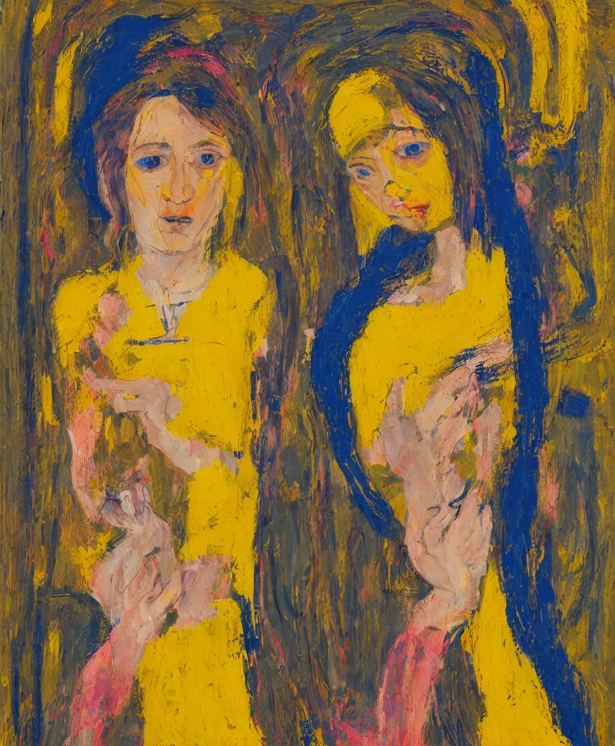Image similar to portrait of a single lonely priestess with flowers in her hair and a candle in her hand, yellow and blue ribbons, expressive abstractionism, many small saturated hard relief strokes of oil on canvas with high detail