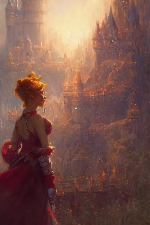 Prompt: a portrait of super mario in front of peach's castle, by gaston bussiere, by mandy jurgens and bayard wu and greg rutkowski, cinematic lightning