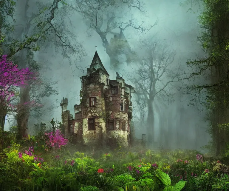 Image similar to old rundown castle in the middle of a haunted forest, foggy, high fantasy, colorful flowers, aged vegetation, photorealism, perfect composition