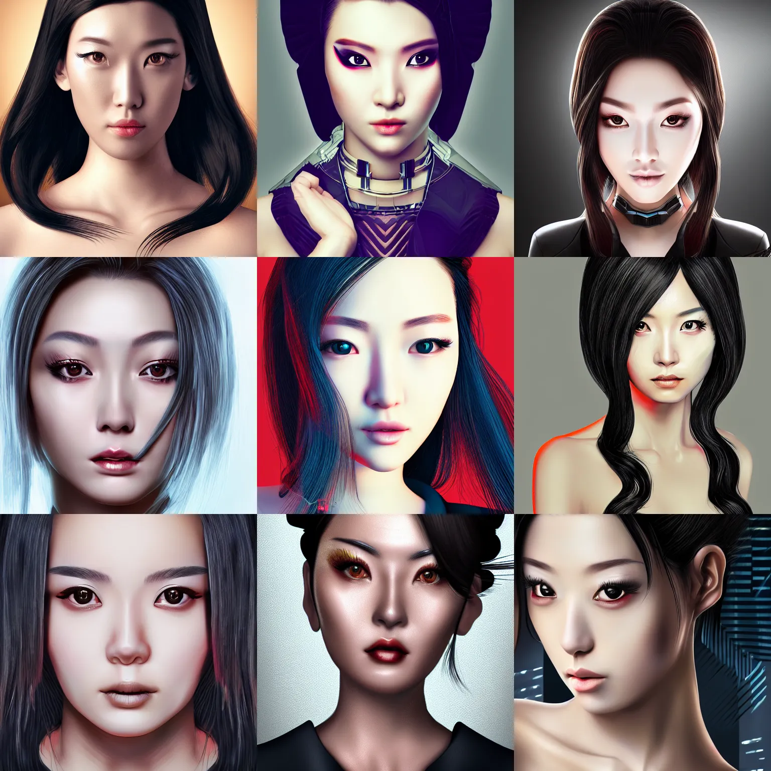 Image similar to closeup front orthographic portrait of a posh seductive cyberpunk woman, japanese heritage, high detail, soft studio lighting, full frontal lighting, digital photography, hyper realistic style
