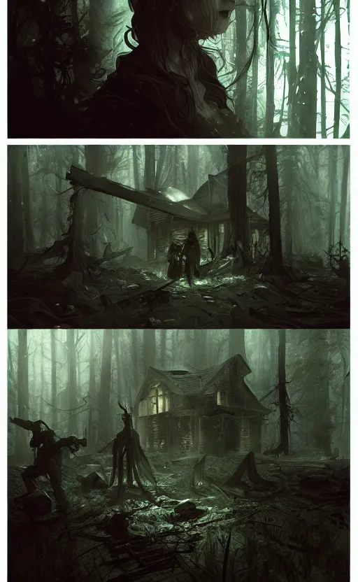 Prompt: delta green kill team, cabin in the woods, horror, night, something out there, intricate and very beautiful and highly detailed, elegant, digital painting, artstation, concept art, matte, smooth and sharp focus, illustration, art by tian zi and wlop and alsphonse mucha and artgerm and greg rutkowski