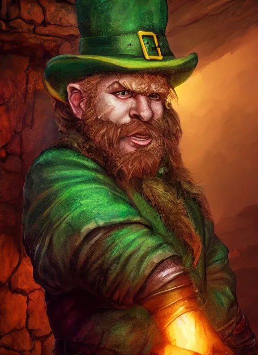 Prompt: A fantasy comic book style portrait painting of a leprechaun in a atmospheric dark dungeon, unreal 5, DAZ, hyperrealistic, octane render, RPG portrait, ambient light, dynamic lighting