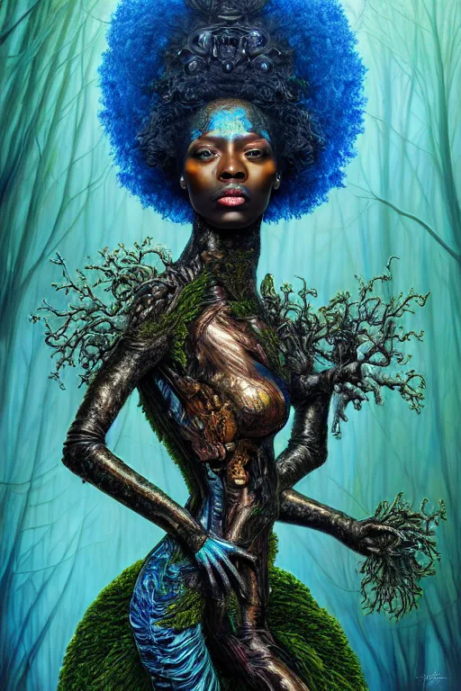 Image similar to hyperrealistic post-rococo super expressive! black woman with exoskeleton armor, merging with tree in a forest, highly detailed digital art masterpiece smooth cam de leon hannah yata dramatic pearlescent blue teal light ground angle hd 8k sharp focus