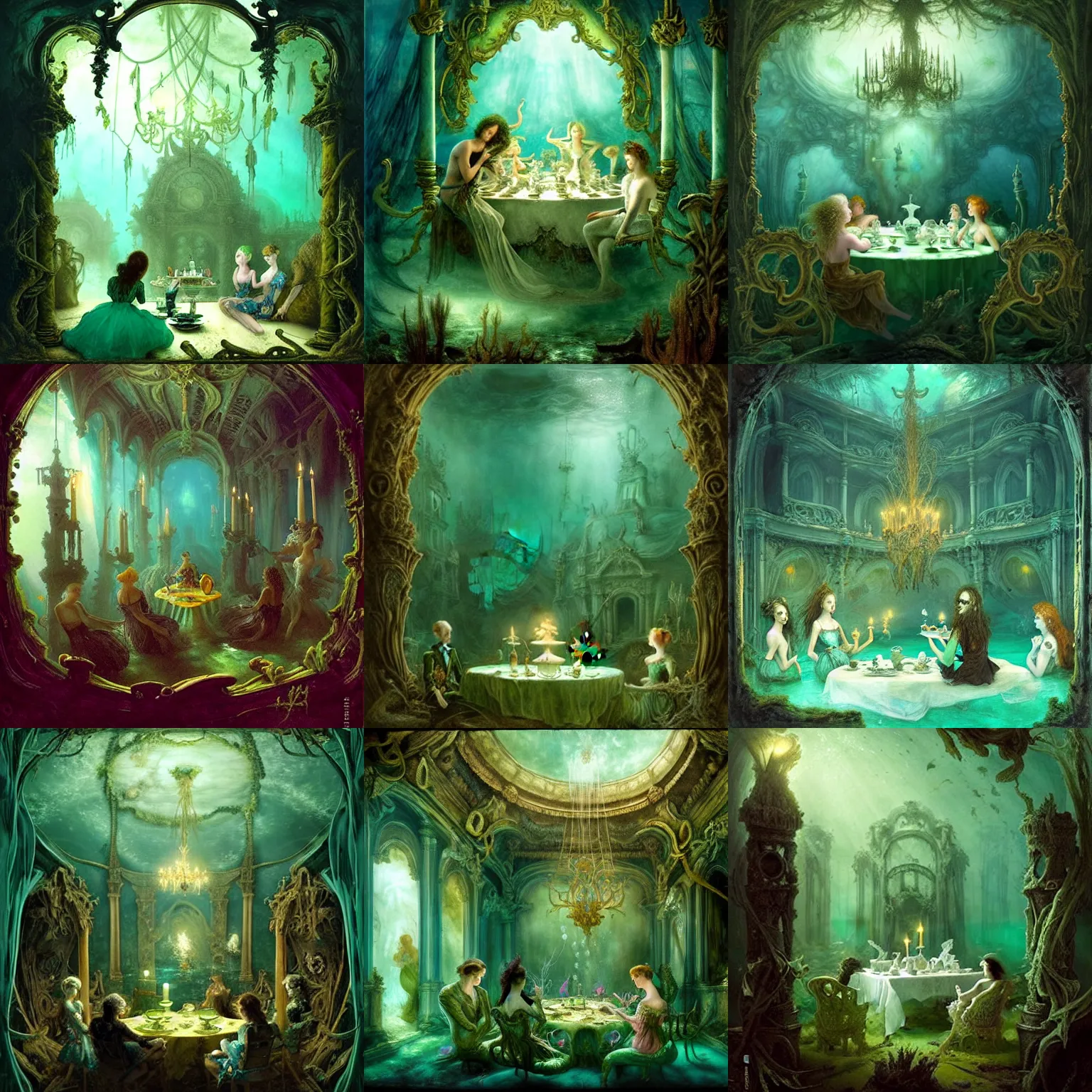 Prompt: Tea party in a creepy underwater rococo hall, at the bottom of the lake. ruins, art treasures, skeletons, dirty. mystical, atmospheric, greenish blue tones, underwater photography, concept art by Annie Stegg Gerard, Ian David Soar, John Anster Fitzgerald, and John Everett Millais