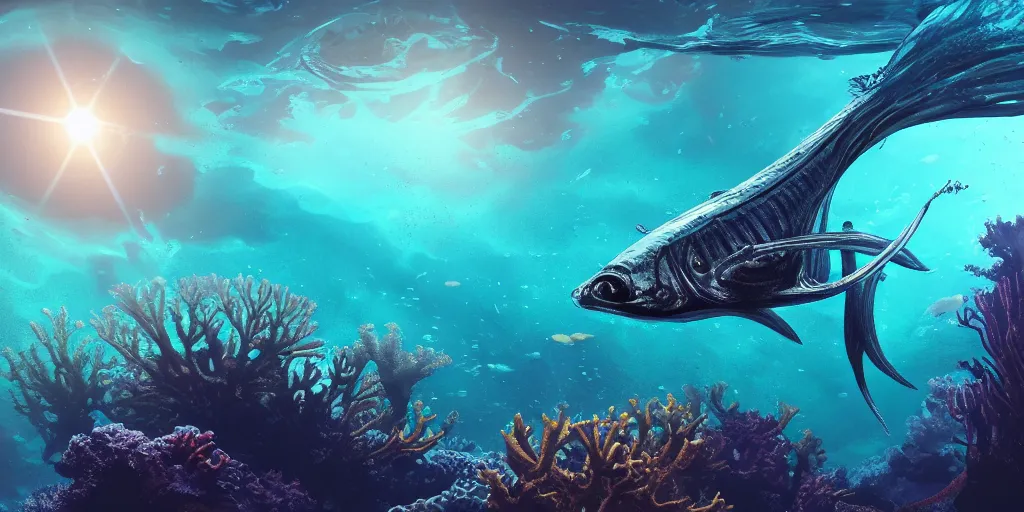 Image similar to photo of an alien fish swimming an alien habitable underwater planet, coral reefs, dream-like atmosphere, water, plants, peaceful, serenity, calm ocean, tansparent water, reefs, fish, coral, inner peace, awareness, silence, nature, evolution, wide angle, super highly detailed, professional digital painting, artstation, concept art, smooth, sharp focus, no blur, no dof, extreme illustration, Unreal Engine 5, Photorealism, HD quality, 8k resolution, cinema 4d, 3D, beautiful, cinematic, art by artgerm and greg rutkowski and alphonse mucha and loish and WLOP